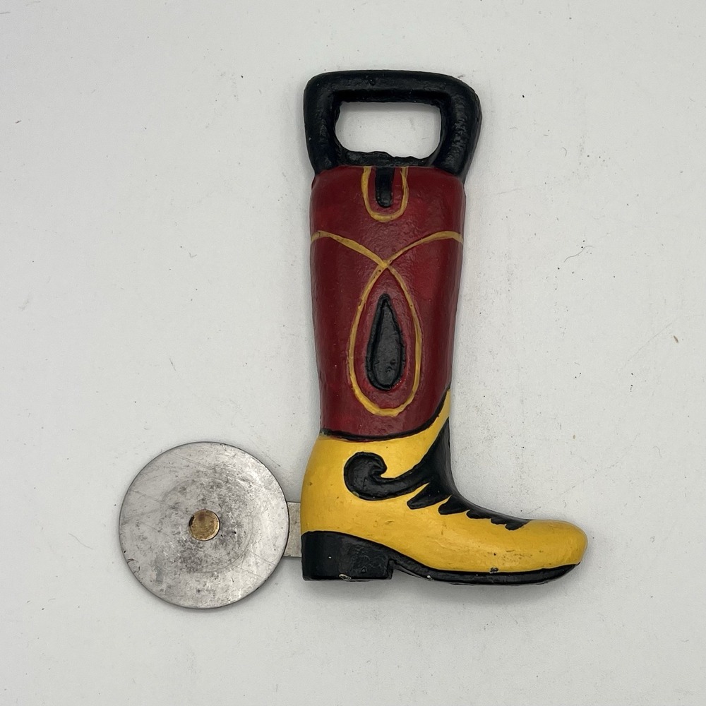 Western Cowboy Boot Spur Bottle Opener Cigar Cutter Cast‎ Iron Red Yellow 1998